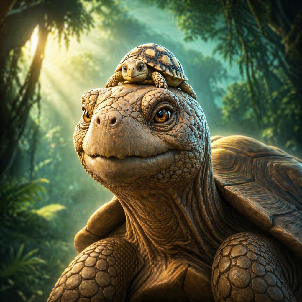 Giant tortoise with a tiny hatchling resting on her head in a sunlit jungle